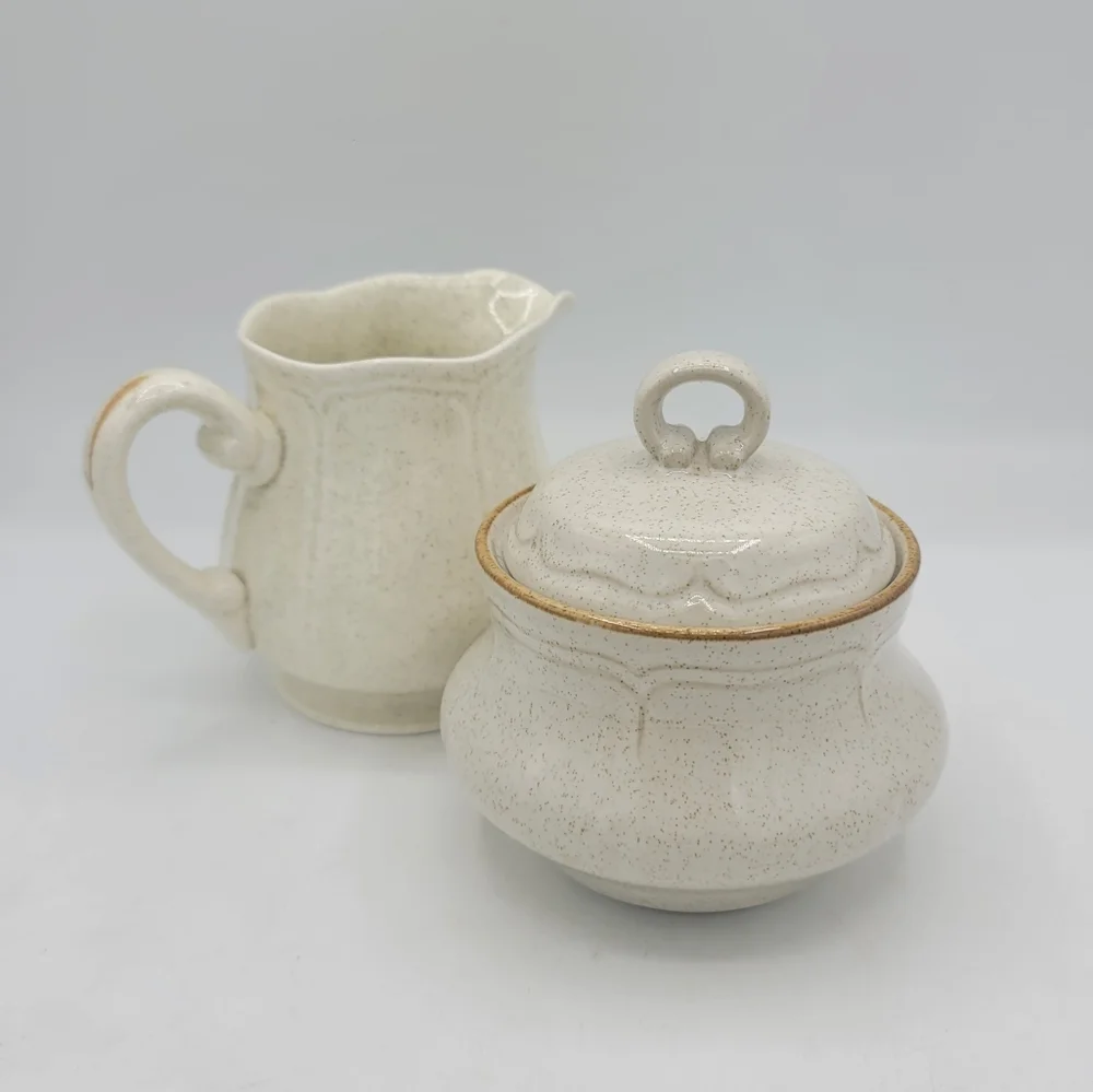Ironstone Japan Creamer + Hearthside Baroque Sugar Bowl Speckled 70s Tableware